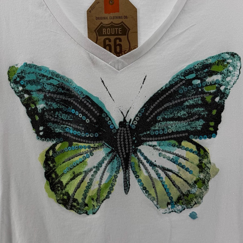 NWT Route 66 Ransom Y2K White V-Neck Butterfly Graphic T-Shirt, Women's Medium - Picture 2 of 7